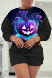 White Casual Halloween Costume Pumpkin Skull Print O Neck Long Sleeve Sweatshirt And Shorts Two Pieces Shorts Sets