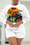 White Casual Halloween Print O Neck Long Sleeve Sweatshirt And Shorts Two Pieces Shorts Sets