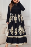 Black Casual Boho Graphics Print O Neck Long Sleeve Long Vacation Plus Size A Line Maxi Dresses