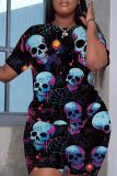 Dark Blue Halloween Costume Skull Head Print O Neck Short Sleeve Oversize T-Shirt And Shorts Two Pieces Shorts Sets