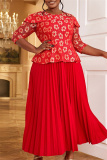 Red Casual Floral Print O Neck 3/4 Sleeve Formal Evening Party Pleated Maxi Dresses