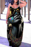 Blue Brown Figure Print Backless Spaghetti Strap Floor Length Vacation Baggy Sundress Slip Maxi Dress