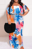 Multicolor Casual Floral Print Off Shoulder Flutter Sleeve Long Loose Vacation Plus Size Maxi Dresses