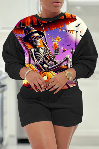White Casual Halloween Costume Pumpkin Skull Print O Neck Long Sleeve Sweatshirt And Shorts Two Pieces Shorts Sets