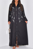 Black Street Hot Drill Zipper Turndown Collar Loose Vacation Long Maxi Dresses