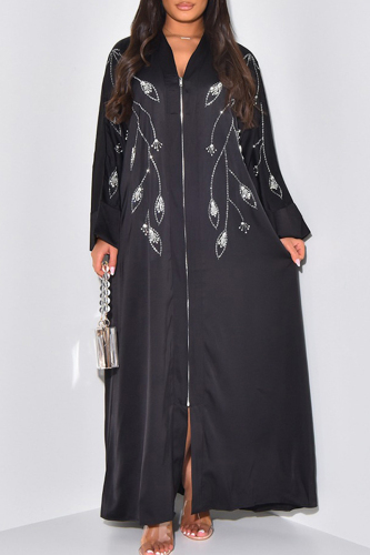 Black Street Hot Drill Zipper Turndown Collar Loose Vacation Long Maxi Dresses