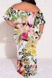 White Casual Floral Print Off Shoulder Flutter Sleeve Long Loose Vacation Plus Size Maxi Dresses