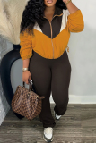Red Casual Colorblock Print Zipper Collar Long Sleeve Crop Sweatshirt And Draw String Skinny Pants Sportwear Two Piece Sweatpants Sets