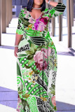 Light Yellow Floral Print V Neck 3/4 Sleeve Floor Length Vacation Long Loose Maxi Dress