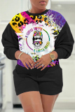 Black Pink Casual Halloween Print O Neck Long Sleeve Sweatshirt And Shorts Two Pieces Shorts Sets