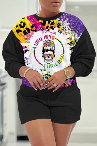 Black Pink Casual Halloween Print O Neck Long Sleeve Sweatshirt And Shorts Two Pieces Shorts Sets