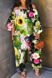 Yellow Casual Floral Print Off Shoulder Long Sleeve Pockets Harem Jumpsuits