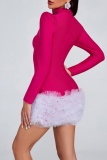 Rose Red Rhinestone Decor Turtleneck Long Sleeve Mesh Ruffle Hem Party Formal Evening Bodycon Mini Dresses