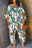 Light Blue Casual Floral Print Off Shoulder Long Sleeve Pockets Harem Jumpsuits