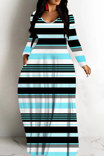 Rose Red Casual Striped Print V Neck Long Sleeve Floor Length Vacation Baggy Fall Slip Maxi Dress
