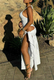White Sleeveless Backless Sleeveless Cami One Piece Bodysuit And Belted Side Slit Pleated Maxi Skirt Vacation Two Pieces Dress Sets