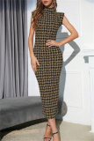 Casual Houndstooth Print Sleeveless Half A Turtleneck Wrapped Skirt Formal Evening Party Bodycon Maxi Dress