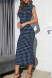 Casual Houndstooth Print Sleeveless Half A Turtleneck Wrapped Skirt Formal Evening Party Bodycon Maxi Dress