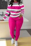 Blue Stripe Print O Neck Long Sleeve Oversize Tops And Skinny Pants Sportwear Casual Two Pieces Sweatpant Sets