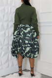 Casual Camouflage Print High Waist Drawstring Bubble Hem Midi Skirt