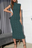 Casual Houndstooth Print Sleeveless Half A Turtleneck Wrapped Skirt Formal Evening Party Bodycon Maxi Dress