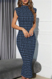 Casual Houndstooth Print Sleeveless Half A Turtleneck Wrapped Skirt Formal Evening Party Bodycon Maxi Dress