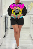 Black Pink Casual Halloween Print O Neck Long Sleeve Sweatshirt And Shorts Two Pieces Shorts Sets