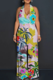 Pink Purple Casual Floral Print Backless Sleeveless Lace Up Loose Vacation Halter Wide Leg Jumpsuits