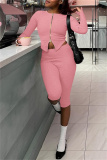 Black Zipper Collar Long Sleeve Crop Tops And Skinny Pants Casual Sportwear Two Pieces Trouser Sets