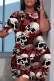 Dark Blue Halloween Costume Skull Head Print O Neck Short Sleeve Oversize T-Shirt And Shorts Two Pieces Shorts Sets