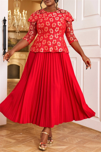 Red Casual Floral Print O Neck 3/4 Sleeve Formal Evening Party Pleated Maxi Dresses