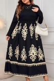 Black Casual Boho Graphics Print O Neck Long Sleeve Long Vacation Plus Size A Line Maxi Dresses