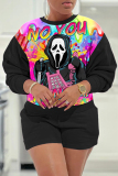 Black Pink Casual Halloween Print O Neck Long Sleeve Sweatshirt And Shorts Two Pieces Shorts Sets