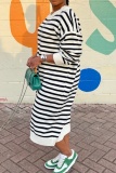 White Casual Striped Print O Neck Long Sleeve Vacation Plus Size Knitted Sweater Maxi Dresses