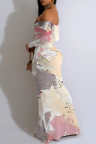 Yellow Black Floral Print Off Shoulder Long Flutter Sleeve Mermaid Hem Vacation Boho Style Maxi Dresse