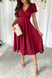 Claret Ruched V Neck Short Sleeve Cinch Waist Formal Evening Party Wedding Guest A Line Pleated Midi Dresses