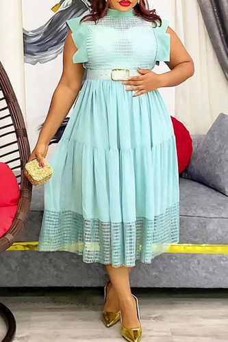 Casual Sleeveless Half A Turtleneck With Belt Ruffle Hem Vacation A Line Plus Size Pleated Midi Dresses