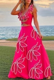 Rose Red 3D Flower Print Sleeveless Hollow Out One Piece Swimsuit Cover Up Maxi Skirt Beach Vacation Swimwears