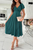 Claret Ruched V Neck Short Sleeve Cinch Waist Formal Evening Party Wedding Guest A Line Pleated Midi Dresses
