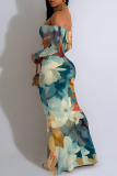 Yellow Black Floral Print Off Shoulder Long Flutter Sleeve Mermaid Hem Vacation Boho Style Maxi Dresse