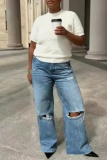 Blue Casual High Waist Distressed Wide Leg Ripped Denim Jeans