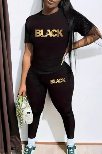 Black Casual Letter Print O Neck Short Sleeve Oversize T-shirt And Skinny Pants Sportwear Two Pieces Trouser Sets