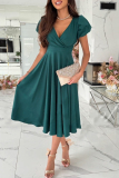 Claret Ruched V Neck Short Sleeve Cinch Waist Formal Evening Party Wedding Guest A Line Pleated Midi Dresses