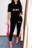 Black Casual Letter Print O Neck Short Sleeve Oversize T-shirt And Skinny Pants Sportwear Two Pieces Trouser Sets