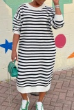 White Casual Striped Print O Neck Long Sleeve Vacation Plus Size Knitted Sweater Maxi Dresses