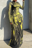 Yellow 3D Print Ruched O Neck Long Sleeve Long Formal Evening Party Bodycon Maxi Dress