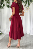 Claret Ruched V Neck Short Sleeve Cinch Waist Formal Evening Party Wedding Guest A Line Pleated Midi Dresses