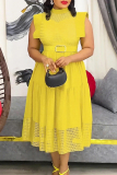 Casual Sleeveless Half A Turtleneck With Belt Ruffle Hem Vacation A Line Plus Size Pleated Midi Dresses