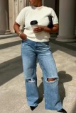 Blue Casual High Waist Distressed Wide Leg Ripped Denim Jeans