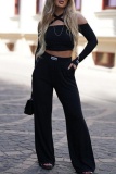 Black Casual Backless Off Shoulder Long Sleeve Crop Tops And Wide Leg Sportwear Two Pieces Trouser Sets